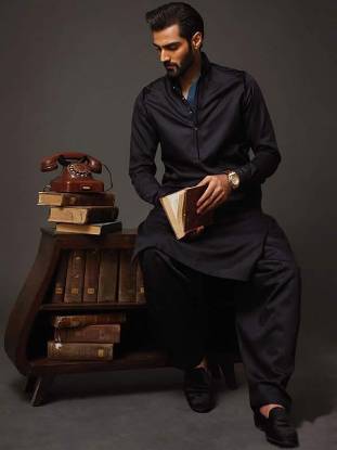 Pakistani Designer Kurta Collection Black Menswear Kurta Shalwar