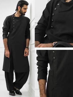 Designer Black Kurta for Mens Pakistani Casual Menswear Cotton Kurta