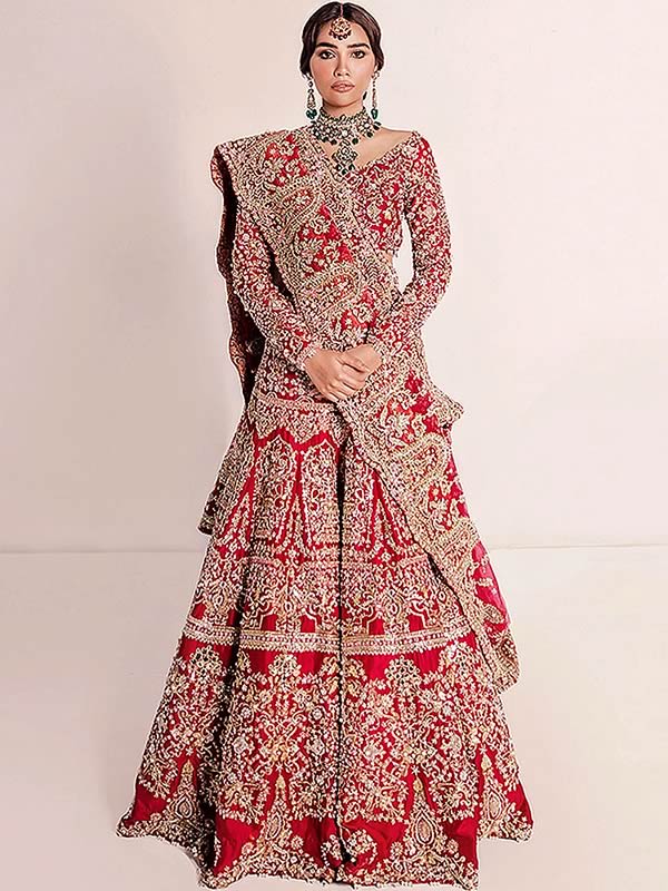 Maharani's Designer Bridal Lehenga - Stunning Red in Velvet (L) – Maharani  Collections