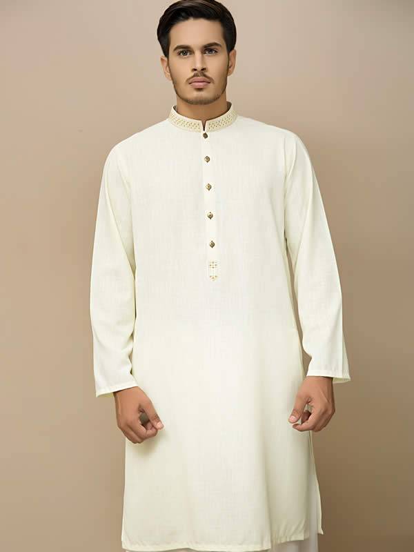 Cream Color Embroidered Eid Kurta Suit for Mens Oak Tree Road New York NY US Pakistani Kurta Suits