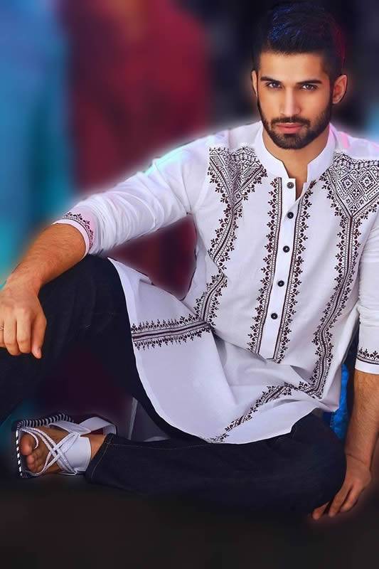 Mens Kurta Suits White Cotton Kurta Asifa and Nabeel Men Collection 2014