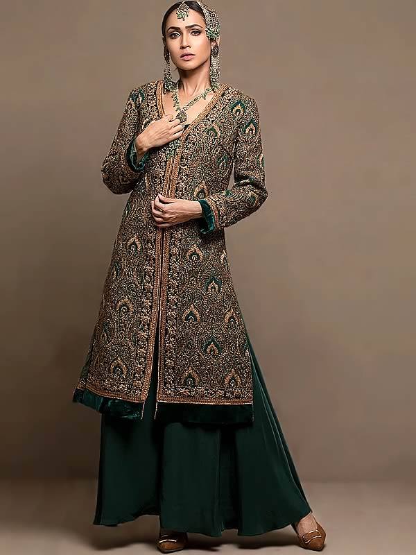 Latest Designer Party Dresses, Party Dresses Pakistan, Online Party Dress, Sharara, Sharara Suits, Sharara Outfits, Sharara Designs, Dark Green Sharara,