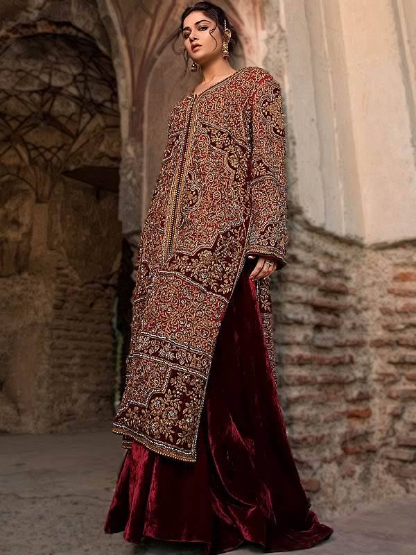 Long Kurta Sharara Suits, Sharara Suits, Velvet Sharara, Sharara Outfits, Maroon, Scarlet, Brisbane, Australia, Maroon Velvet Long Coat With Sharara, rizwan beyg