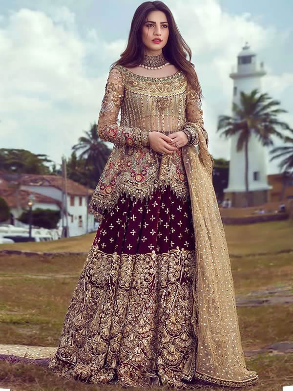 Deep red bridal dress pakistani deals