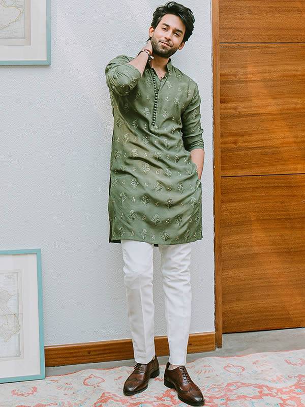 Olive Green Kurta Pajama Suits Diamond Bar California USA Bespoke Kurta Shalwar Suits for Mens