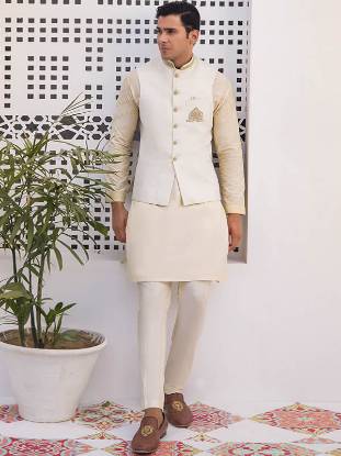 Off-White Mens Waistcoat in Jamawar Newport News Virginia USA Waistcoats for Nikah Ceremony