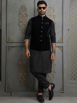 Deepak Perwani Waistcoats London UK Black Waistcoat With Kurta Pajama