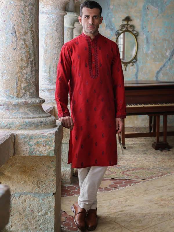 Red Embroidered Kurta Pajama Suits Elmont New York NY US Kurta Pajama Brands in Pakistan