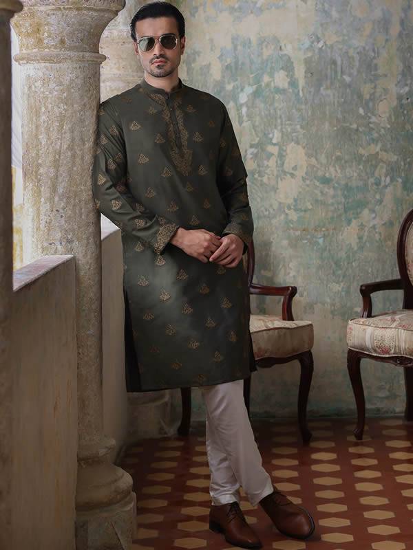 Olive Green Embroidered Kurta Pajama Suits Forest Hills New York NY US Indian Designer Kurta Pajama