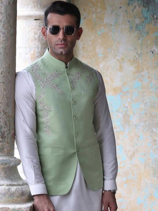 Light Green Embroidered Waistcoat Newport News Virginia USA Designer Waistcoats for Groom