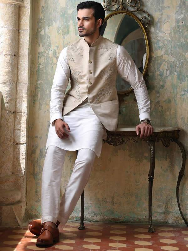 Beige Heavy Embroidered Waistcoat Alexandria Virginia USA Pakistani Mens Waistcoats UK