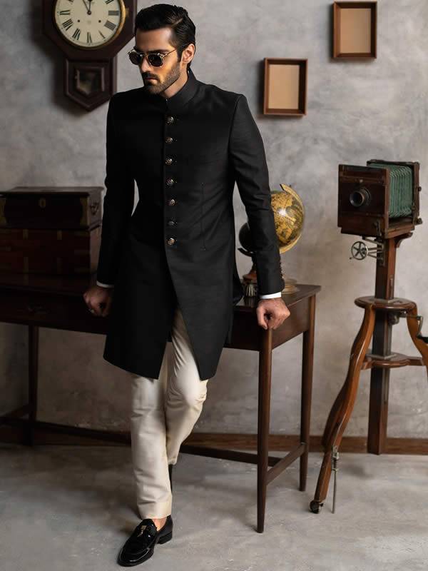 Black Raw Silk Sherwani Bath England UK Mens Sherwani