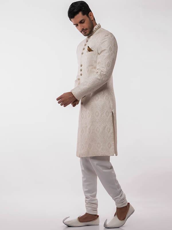 Off White Mens Sherwani in Jamawar Buckinghamshire London UK Sherwani Dresses