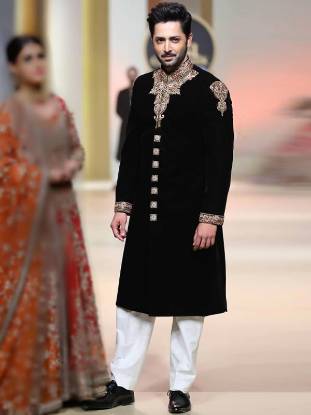 Good Looking Velvet Black Sherwani France Paris Mens Collection 2018