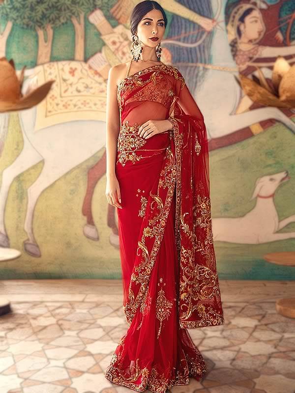 Vishal Prints Cherry And Dark Red Chiffon Saree With Jari Border