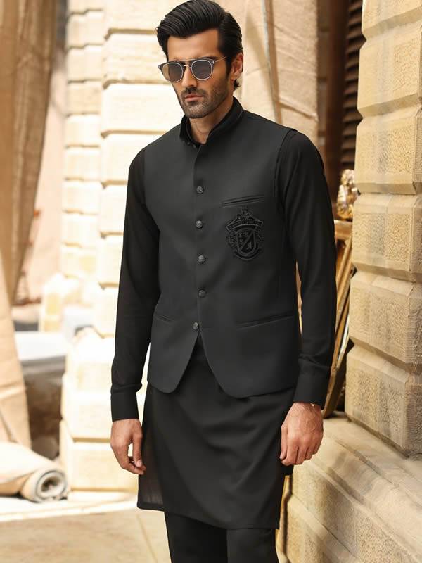 Black Velvet Monogram Waistcoat Croudon London UK Mens Waistcoats for Eid