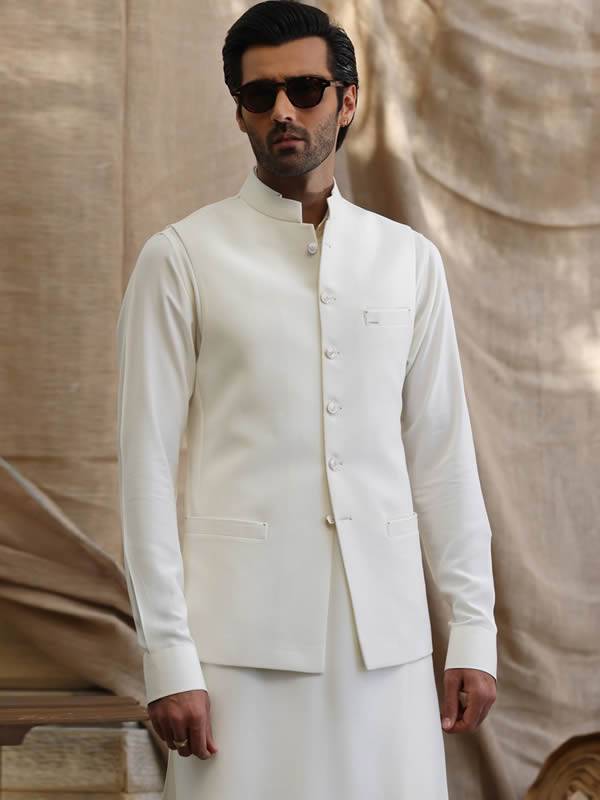 Off White Waistcoat With Unique Design Stamford London UK Mens Eid Waistcoats USA