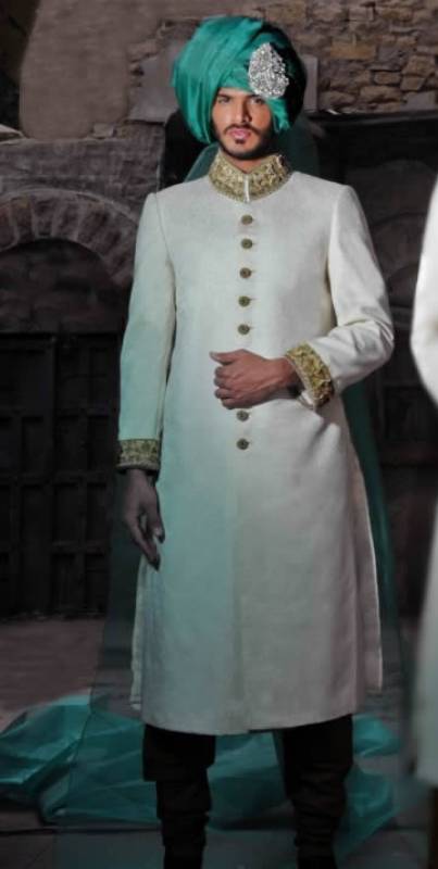 Elegant Mens Self Jamawar Sherwani Suit Bell Bar UK Sherwani Suit for Many Events