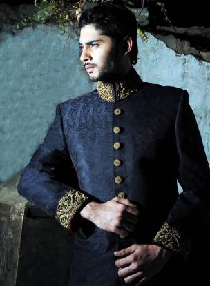 Men's Black Jamawar Sherwani Groom Dark Color Sherwani Jamawar Sherwani 2018