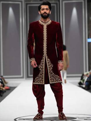 Menswear Velvet Sherwani for Grooms Wedding Sherwani in Velvet Fabric 2018