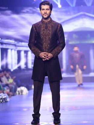 Seal Brown Mens Jamawar Sherwani Miami Florida USA Designer Mens Sherwani