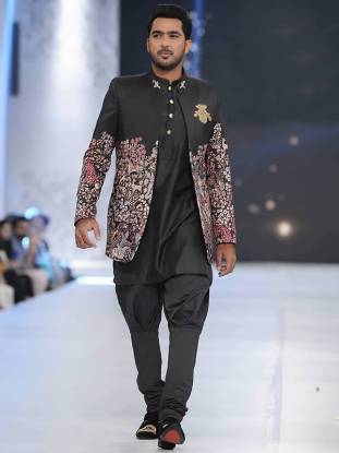 Floral Embellished Raw Silk Sherwani Mens Sherwani in Black