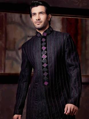 Mens Sherwani for Eid Festival Chicago Illinois Self Jamawar Black Sherwani