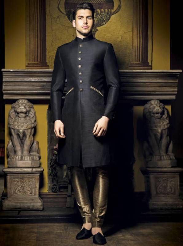 Pakistani Sherwani Attractive Black Sherwani in Raw Silk Ahsan's UK Sherwani