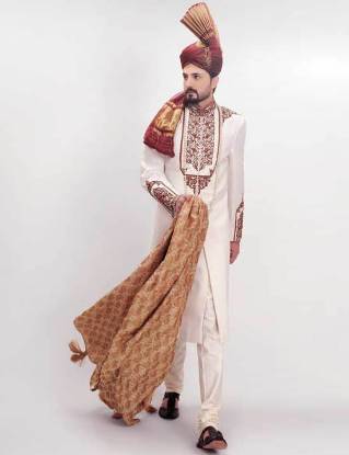 Off-White Mens Sherwani in Jamawar Newcastle London UK Dawood Faiza Sherwani Cermony Collection 2015