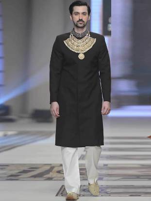 Black Cotton Sherwani for Mens France Paris Samreen Closet Sherwani Cermony Collection