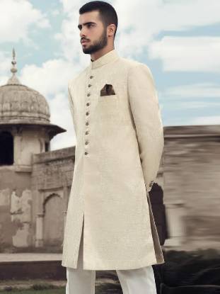 Graceful Off-White Jamawar Ceremony Sherwani for Mens Williston Park New York NY Amir Adnan Sherwani