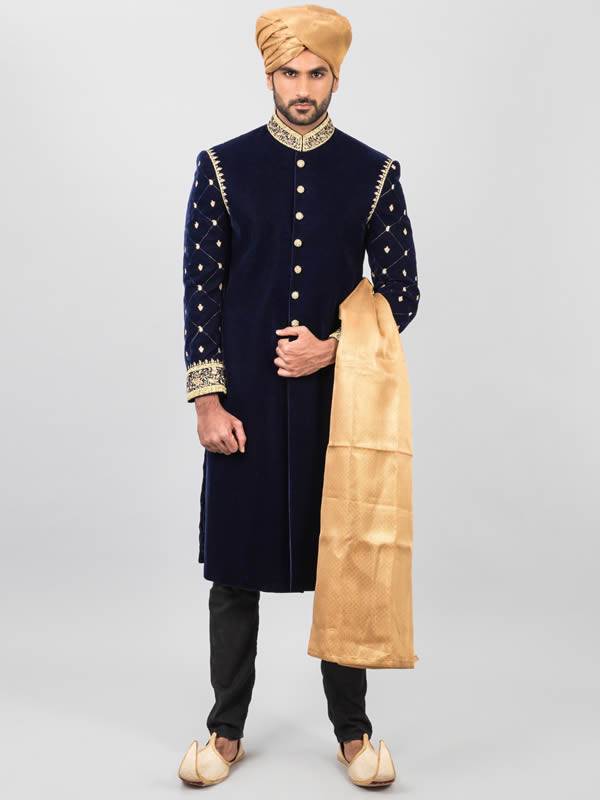 Dark Prussian Blue Wedding Sherwani in Velvet Boxboro Massachusetts US Sherwani Pakistan