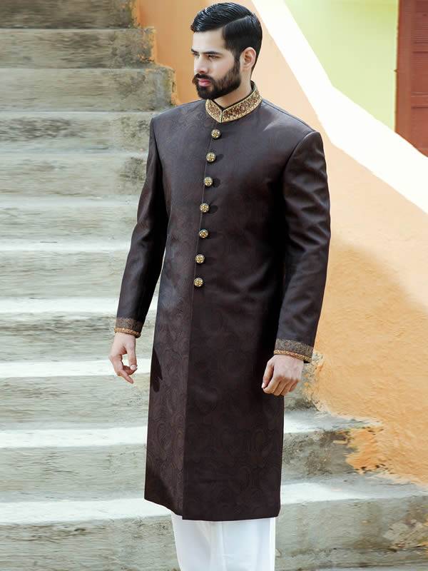 Zinnwaldite Brown Color Embellished Jamawar Groom Sherwani Virginia Beach Virginia US Mens Sherwani