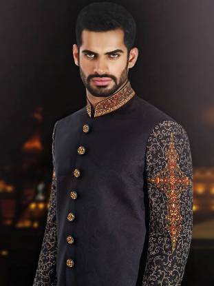 Royal Look Embellished Groom Sherwani in Jamawar Fabric Norfolk Virginia VA US Black Sherwani