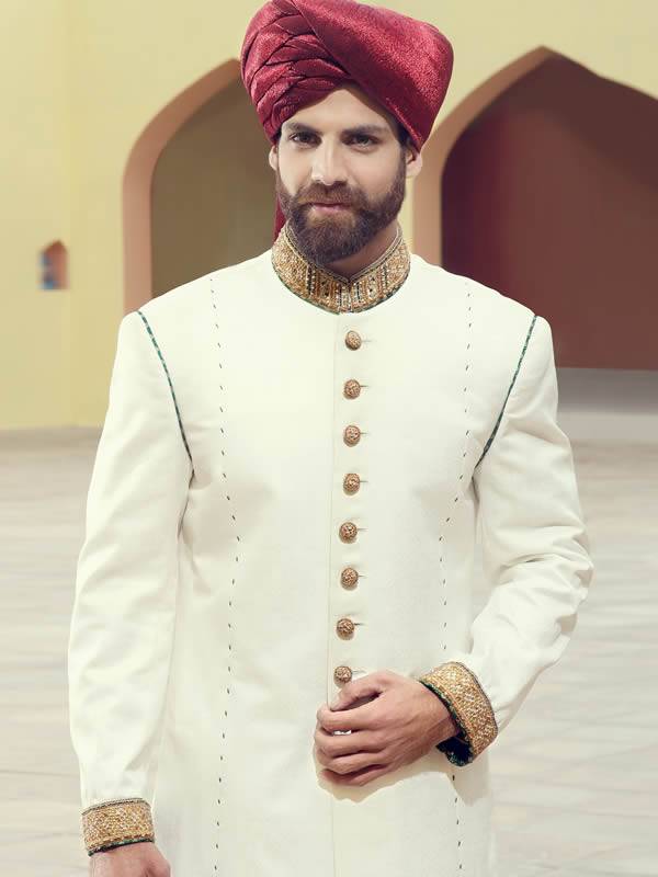 White Embellished Cotton Groom Sherwani Arlington Texas US Pakistani Sherwani