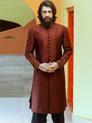 Burnt Umber Color Embellished Jamawar Groom Sherwani Hampton Virginia VA US Wedding Sherwani