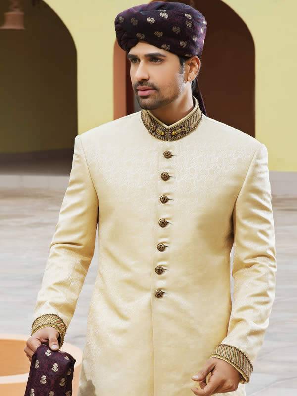 Champagne Color Embellished Wedding Jamawar Sherwani Hampton Virginia VA US Groom Sherwani Designs