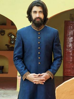 Yale Blue Embellished Jamawar Sherwani Portsmouth Virginia VA US Modern Groom Amir Adnan Sherwani