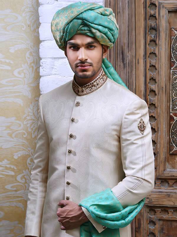 Off White Jamawar Embroidered Wedding Sherwani Suit Dansville New York NY US Groom Sherwani Designs