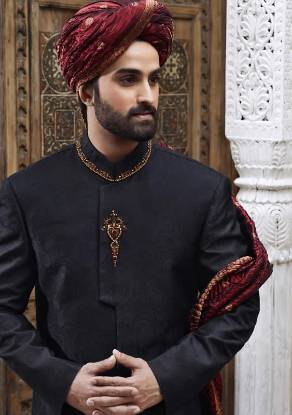 Desiginer Jamawar Embellished Sherwani for Bridegroom Williston Park New York NY USA Black Sherwani