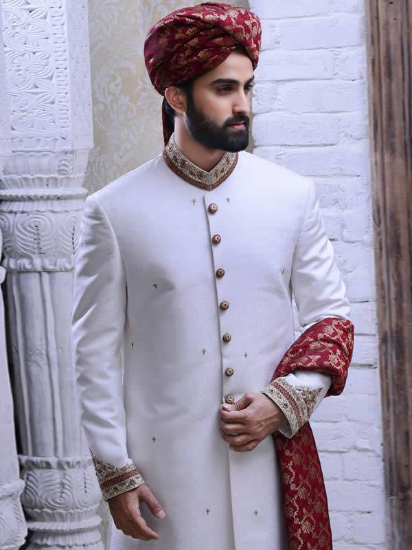 White Embellished Sherwani for Groom Huntington New York NY USA Wedding Sherwani