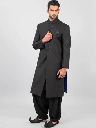 Desiginer Black Cotton Sherwani Wedding Surrey London UK Amir Adnan Sherwani Suit