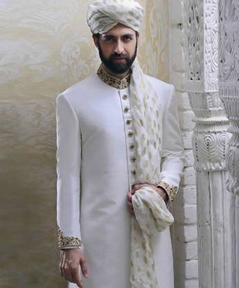 White Gorgeous Embellished Jamawar Sherwani Suit for Modern Groom Traditional Sherwani Bell Bar UK