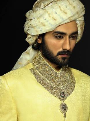 Exquisite Pastel Yellow Sherwani in Jamawar Men's Sherwani Newcastle London UK