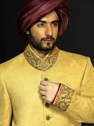 Scrumptious Sherwani in Jamawar Fabric Scotland Glasgow UK Men's Sherwani Groom Wedding Sherwani