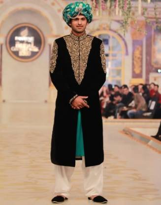 Magnificent Black Cotton Sherwani Teena by Hina Butt Man Collection 2014 Michigan Virginia USA