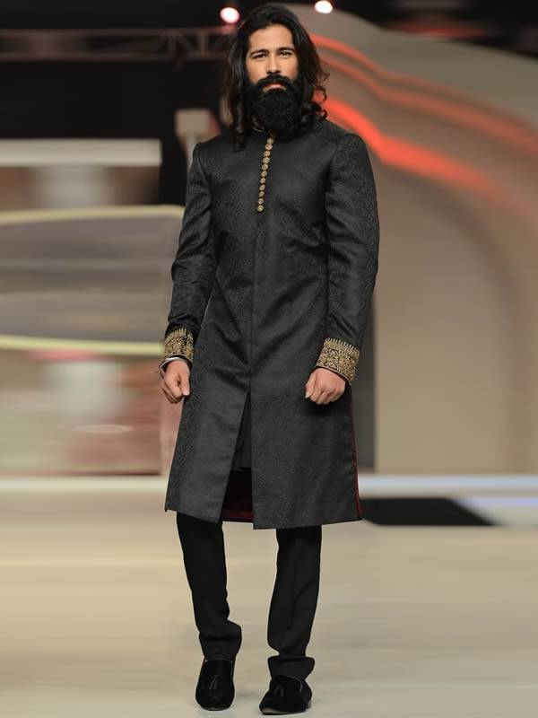 Black Self Print Jamawar Sherwani Zainab Chotani Man Collection 2014 Houston Texas Dallas