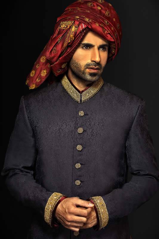 Paynes Grey Color Self Print Jamawar Sherwani Naushemian Designers Collection Boston Massachusetts