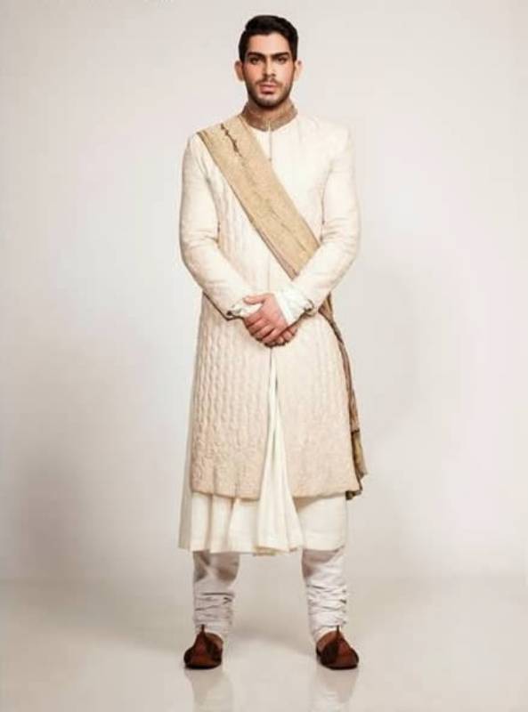 Graceful Wedding Sherwani Fahad Hussayn PBCW 2014-2015 Jamawar Sherwani Collection