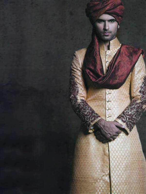 Golden Banarasi Sherwani Suits Pakistan